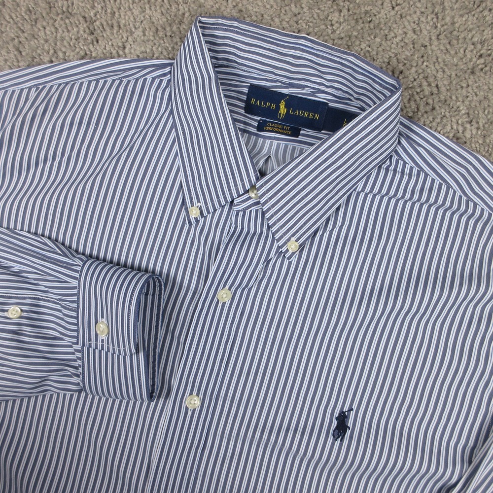Polo Ralph Lauren Shirt Mens Large Blue Striped Performance Nylon Pony Button Up